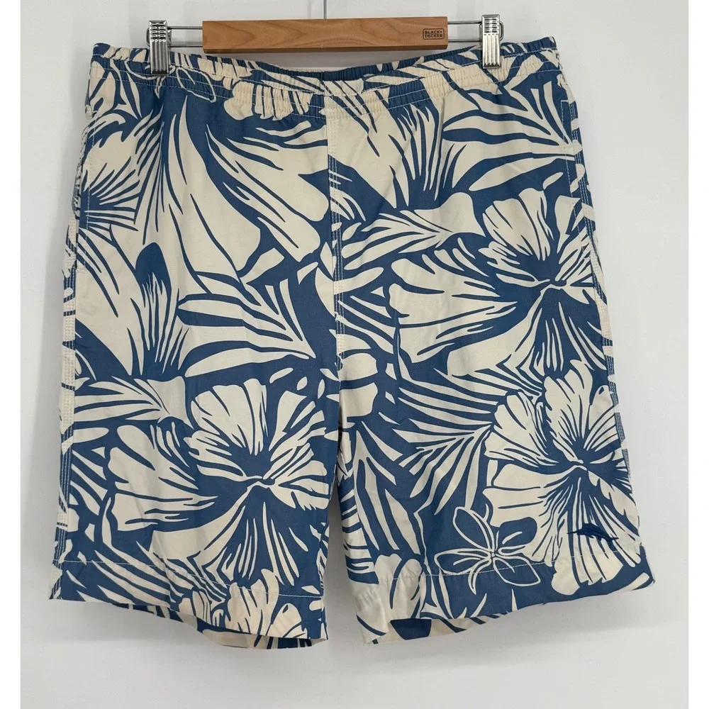 Tommy‎ Bahama Relax Mens Blue Cream Tropical Floral Swim Trunks Sz M